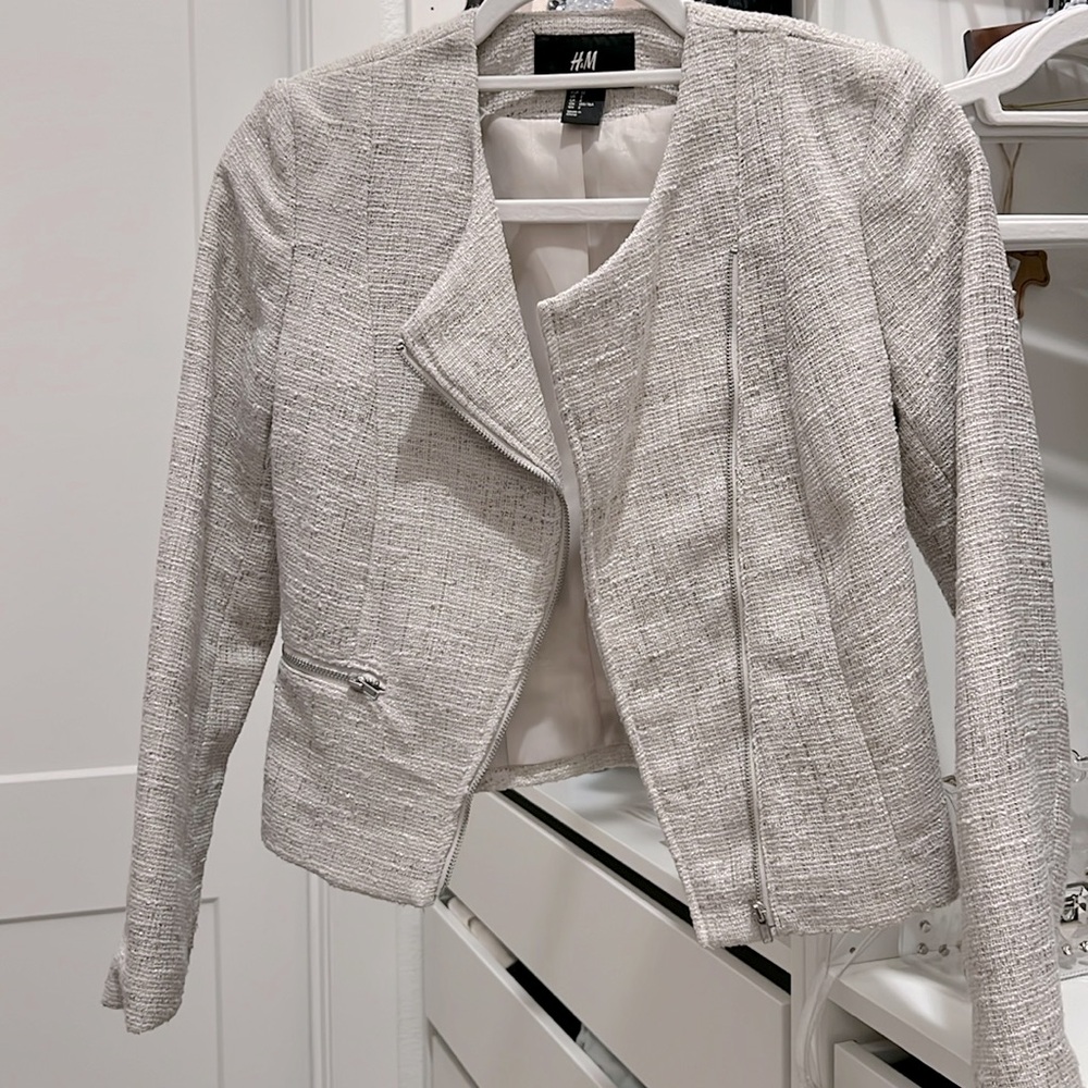 H&M Tweed Asymmetrical Zip Crop Jacket/Blazer